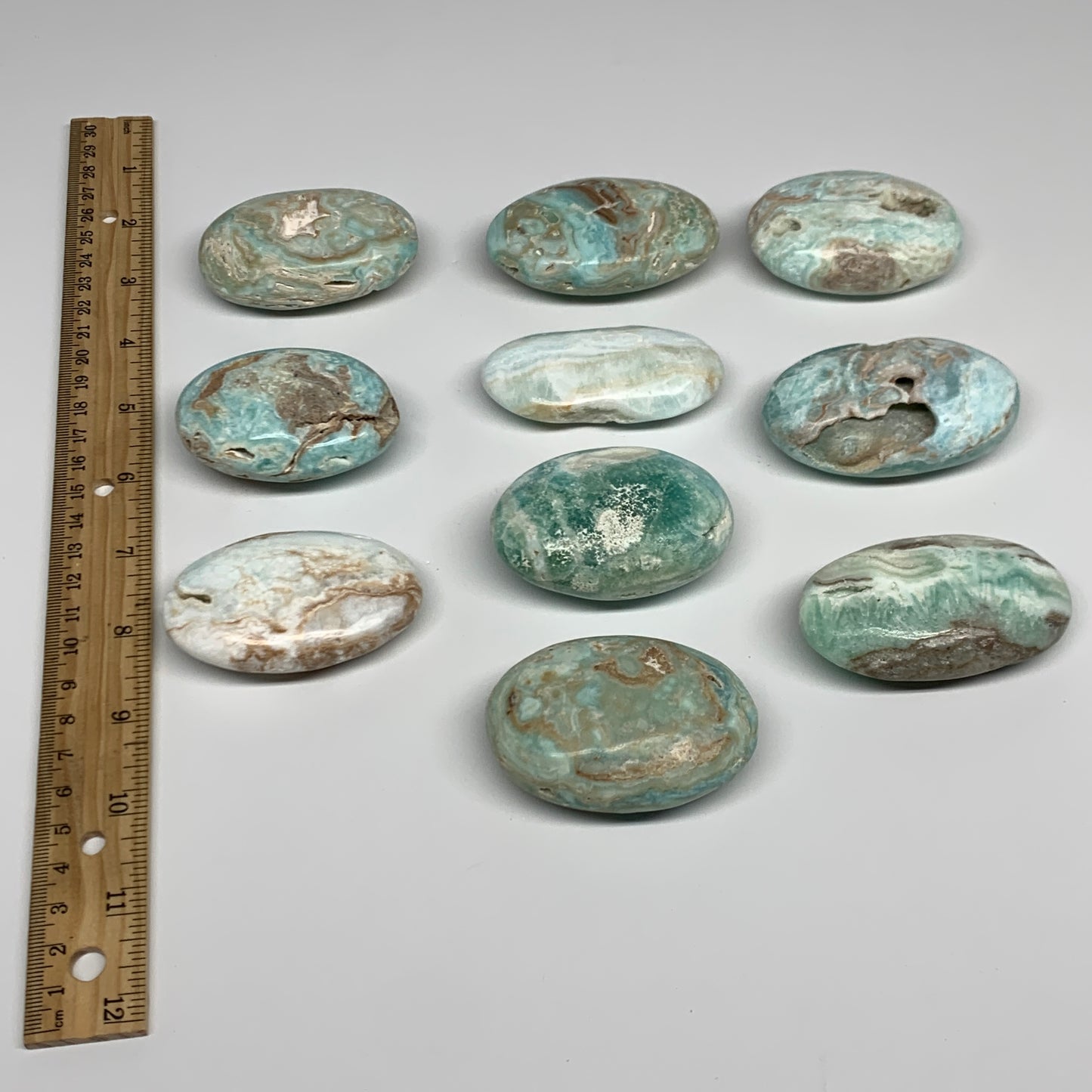 2.14 lbs, 2.3"-2.8", 10pcs, Blue Aragonite Calcite Palm-Stone Polished, B31612