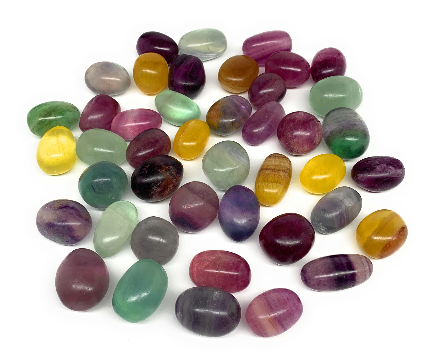 1000g (2.2 lbs), 0.9"-1.3", 43pc, Multi-Color Fluorite Tumbled Stones, B28720