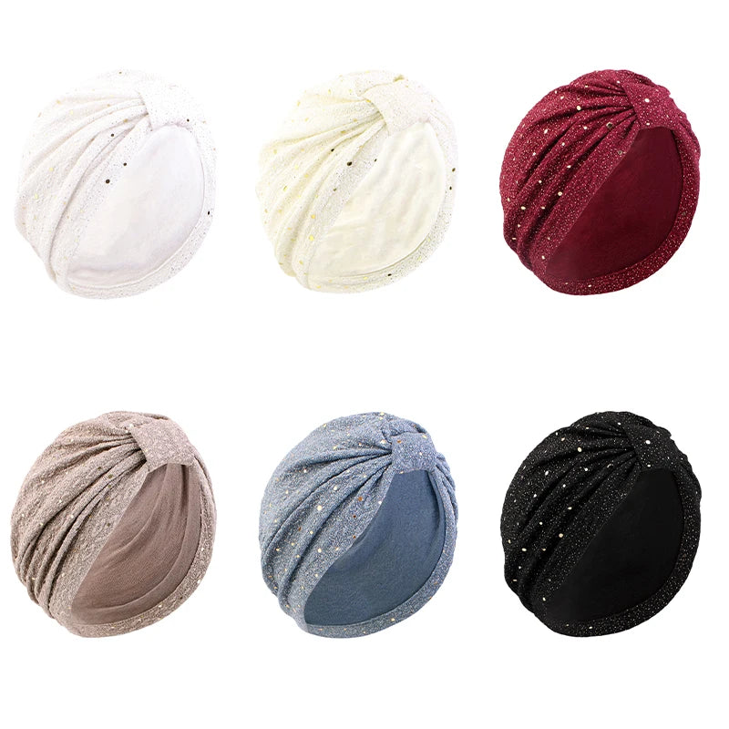 Women's Solid Color Sequin Knotted Turban Hijab Chemo Cap Cancer Hat Hair Loss Headscarf Beanie Bonnet Head Wrap Headband Mujer