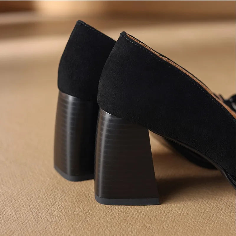 Women Shoes 2025 Spring Retro High Heels Butterfly Knot Square Heel Faux Suede Commuting Elegant 6-8cm Pumps Tacones Para Mujer