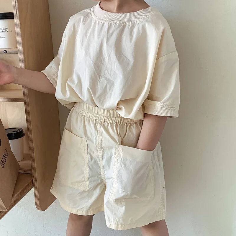 Summer Kids Clothes Set Boys Girls Simple Loose Cotton Short Sleeve Shorts Suit 2 PCS Children Outfit