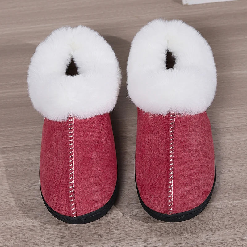 2024 Winter Warm Fur Indoor Home Slippers Women Faux Suede Closed Toe Couple Slippers Woman Comfort Soft Sole House Shoes Slides