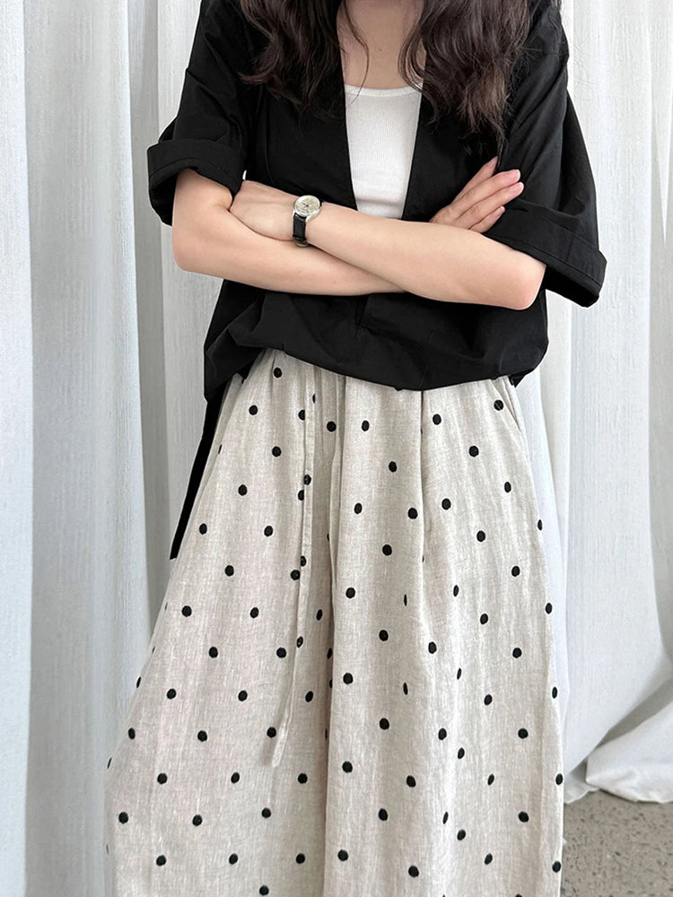 [EAM] High Elastic Waist Linen Dot Embroidery Wide Leg Long Pants New Trousers Women Fashion Tide Spring Autumn 2025 1DJ1548