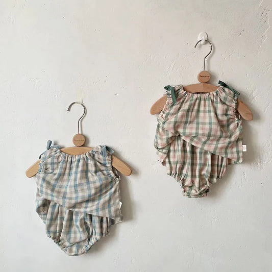 Summer Baby Clothes Set Plaid Tee and Bloomer 2 Pcs For Infant Girls Toddler Outwear Set