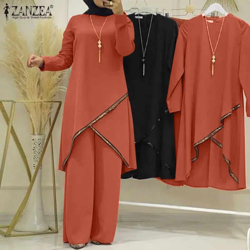 2PCS Women Muslim Sets Fashion Sequins Islamic Clothing Loose Matching Sets Tracksuit Long Sleeve Blouse Abaya Suits