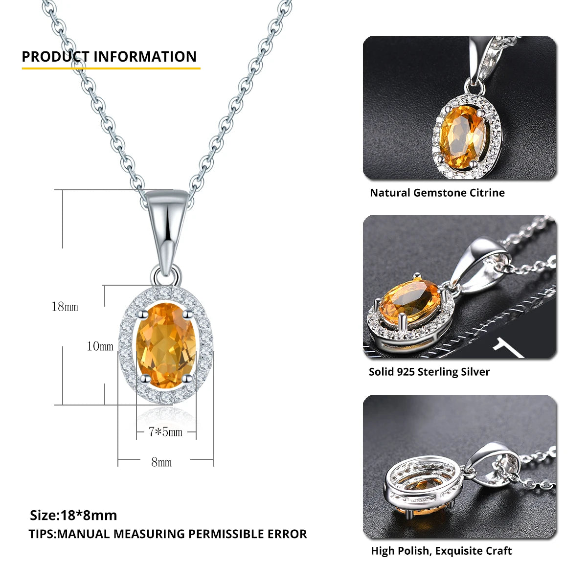 Natural Citrine 925 Sterling Silver Pendant 0.75 Carat Genuine Gemstone Classic Style Fine Jewelry for Valentine Day's Gift