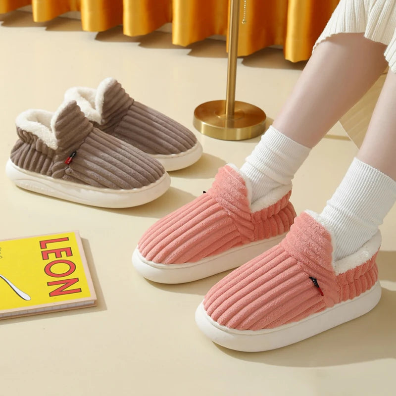 2024 Fashion Couple Winter Warm Plush Slippers Thick Sole Non Slip Casual Cotton Shoes Woman Corduroy Soft Indoor Home Slippers