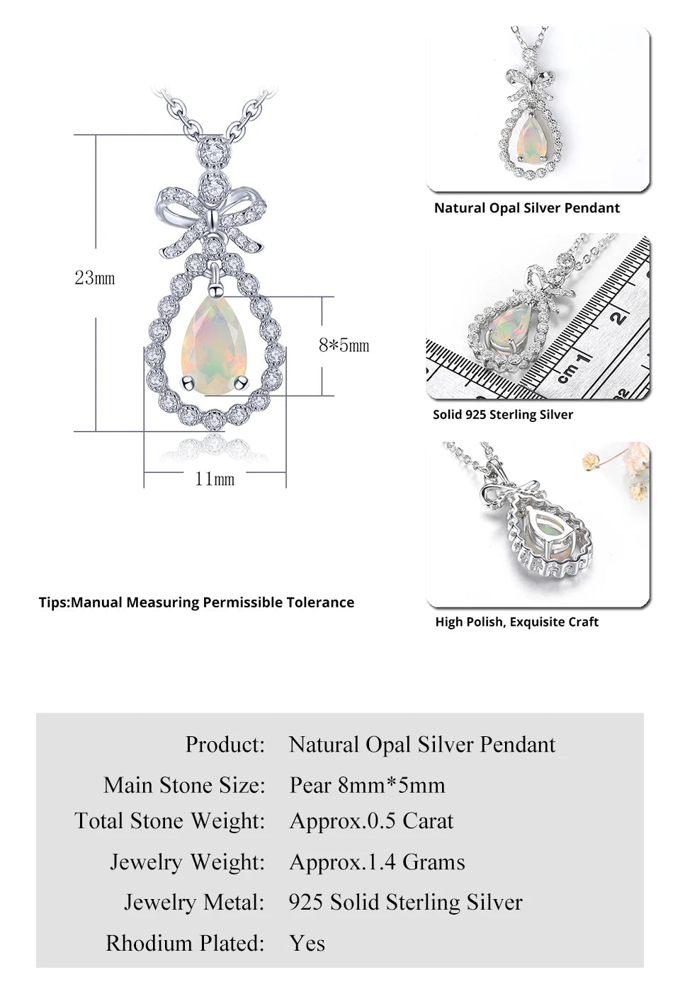 Natural Opal Pendant Solid Sterling Silver Rhodium Plated Fine Jewelrys 0.5 Carats Faced Gemstone Sweet Romantic Style Gifts