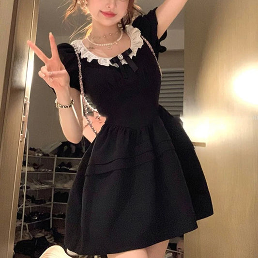 Hepburn Style Black Dress Summer Lace Patchwork Bow Puff Sleeve Mini Dress