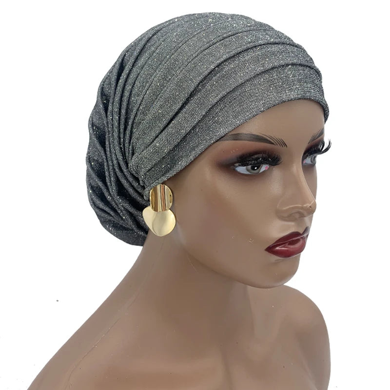 Glitter Full Body Pleated Turban Cap for Women 2023 Lady Head Wraps Muslim Headscarf Hat Turbante Mujer African Headpiece