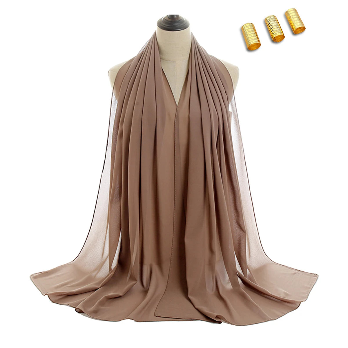 2pcs/set Women Plain Chiffon Hijab with Metal Accessories Thin Soft Muslim Pearl Chiffon Long Shawl Shining Metal Buckles