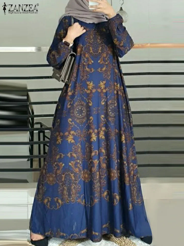 Vintage Turkey Muslim Dress Woman Long Sleeve O-Neck Dresses Elegant Party Maxi Robe Bohemian Floral Printed Sundress