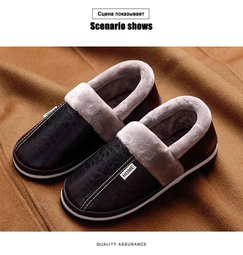 Warm Home Slippers for Men Massage Memory Foam Winter Household Slippers for Male Indoor Shoes Leather Non-Slip Plus Size 50 51