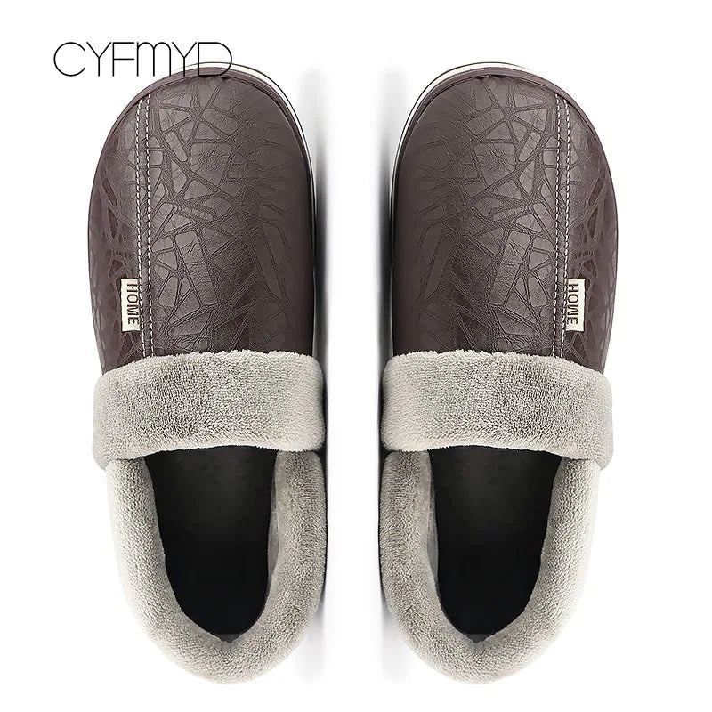 Warm Home Slippers for Men Massage Memory Foam Winter Household Slippers for Male Indoor Shoes Leather Non-Slip Plus Size 50 51