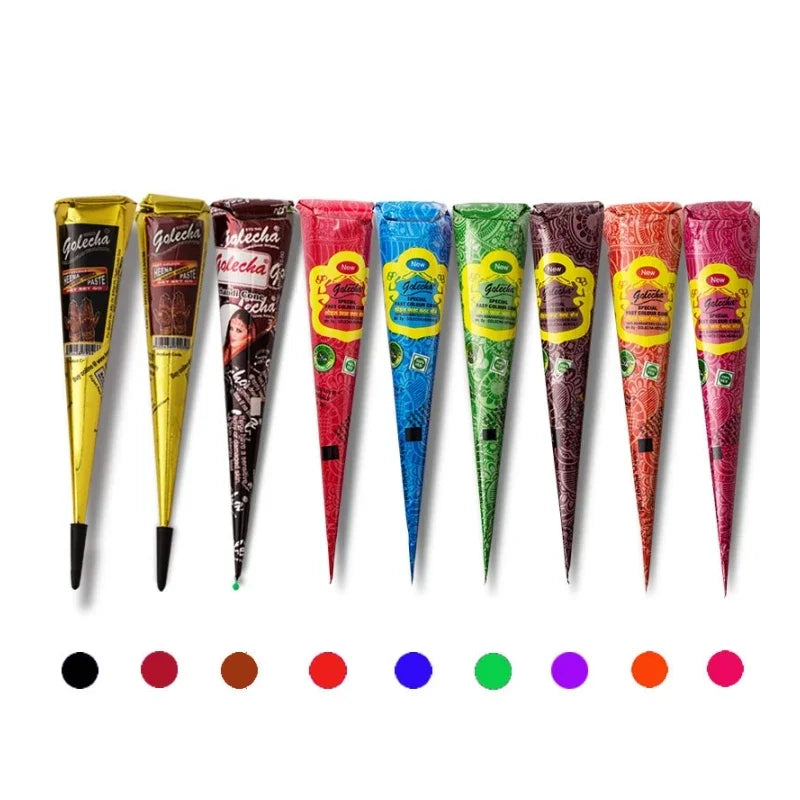 1Pc Multi Colors GOLECHA Cones Indian Henna Tattoo Paste For Temporary Tattoos Hand Painted Body Art Sticker Mehndi Pigment