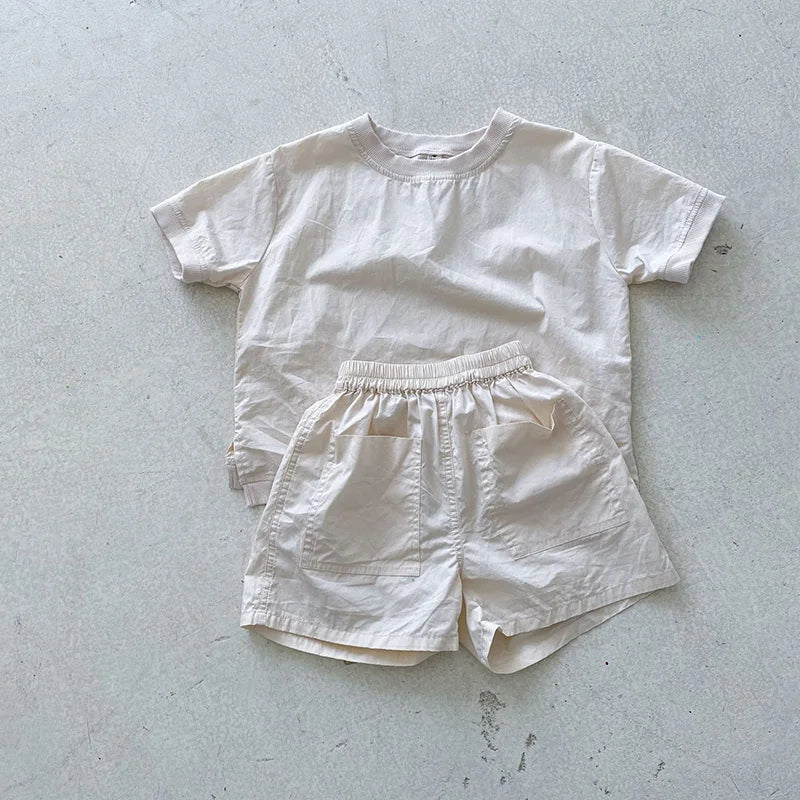 Summer Kids Clothes Set Boys Girls Simple Loose Cotton Short Sleeve Shorts Suit 2 PCS Children Outfit