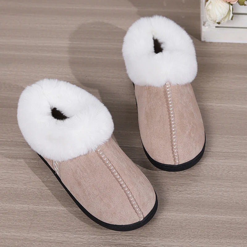 2024 Winter Warm Fur Indoor Home Slippers Women Faux Suede Closed Toe Couple Slippers Woman Comfort Soft Sole House Shoes Slides