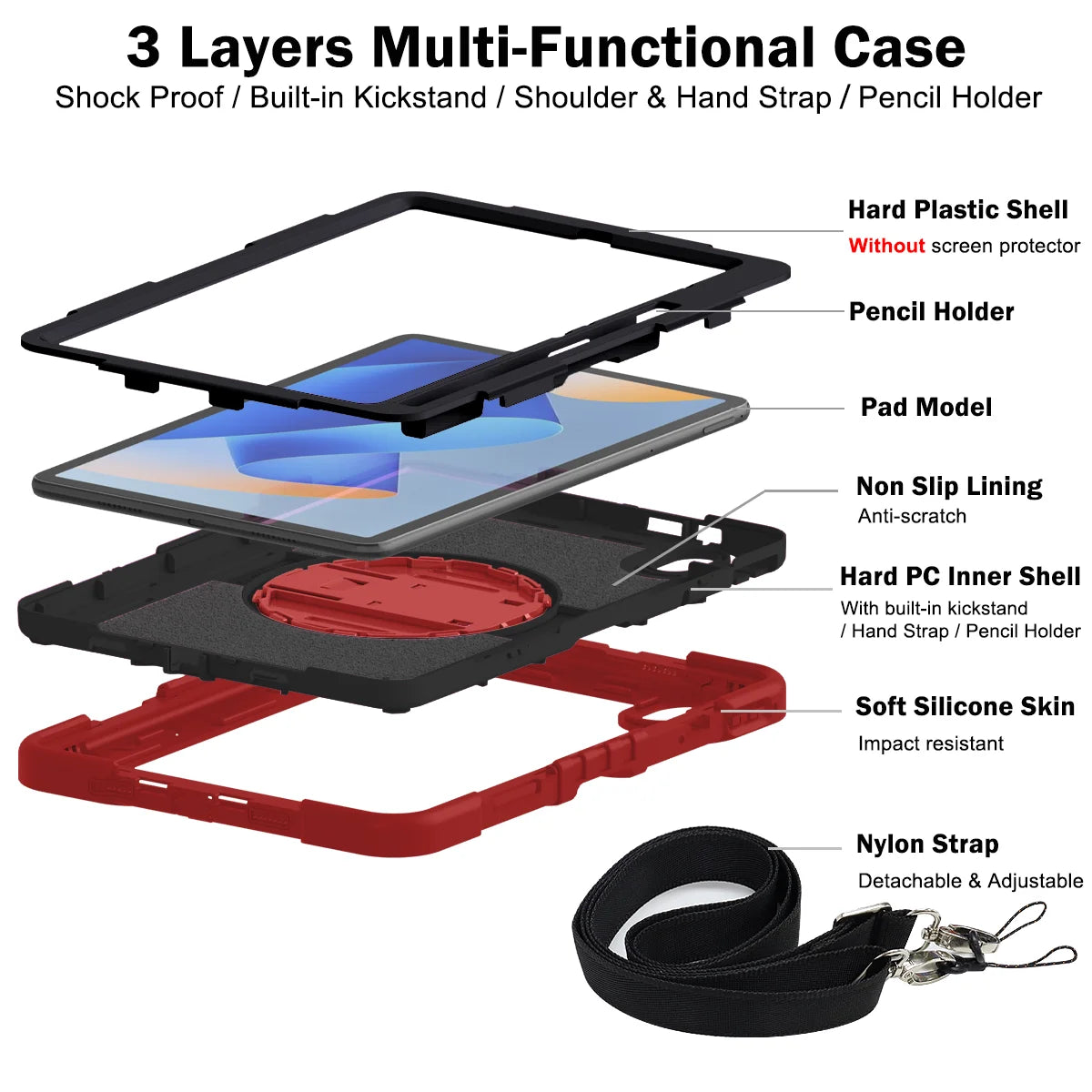 Hand Strap Case For Huawei MatePad 11 2023 SE 10.4 Kickstand 360 Rotating Cover 3 Layers Multi-Functional Shell With Neck Strap