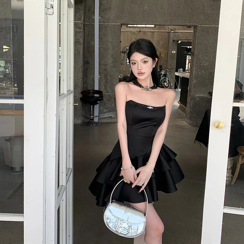 Summer Irregular Strapless Women Sexy A-Line Party Tiered Balck Mini Dress