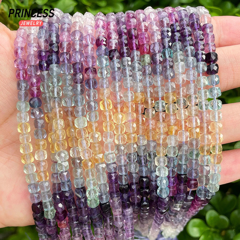 A++ Natural 4mm Colorful Fluorite Cube Faceted Beads for Jewelry Making Bracelet Necklace Wholes DIY Stone Beads Accessories