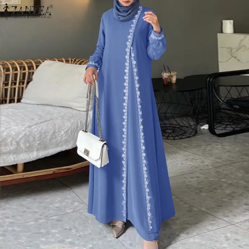 Spring Lace Crochet Maxi Dress Muslim Turkey Abaya Elegant Loose Vestidos Women Long Sleeve O Neck IsIamic Robe Kaftan