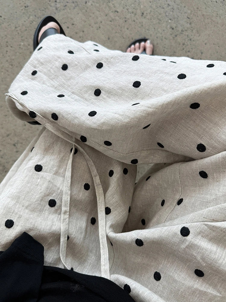 [EAM] High Elastic Waist Linen Dot Embroidery Wide Leg Long Pants New Trousers Women Fashion Tide Spring Autumn 2025 1DJ1548