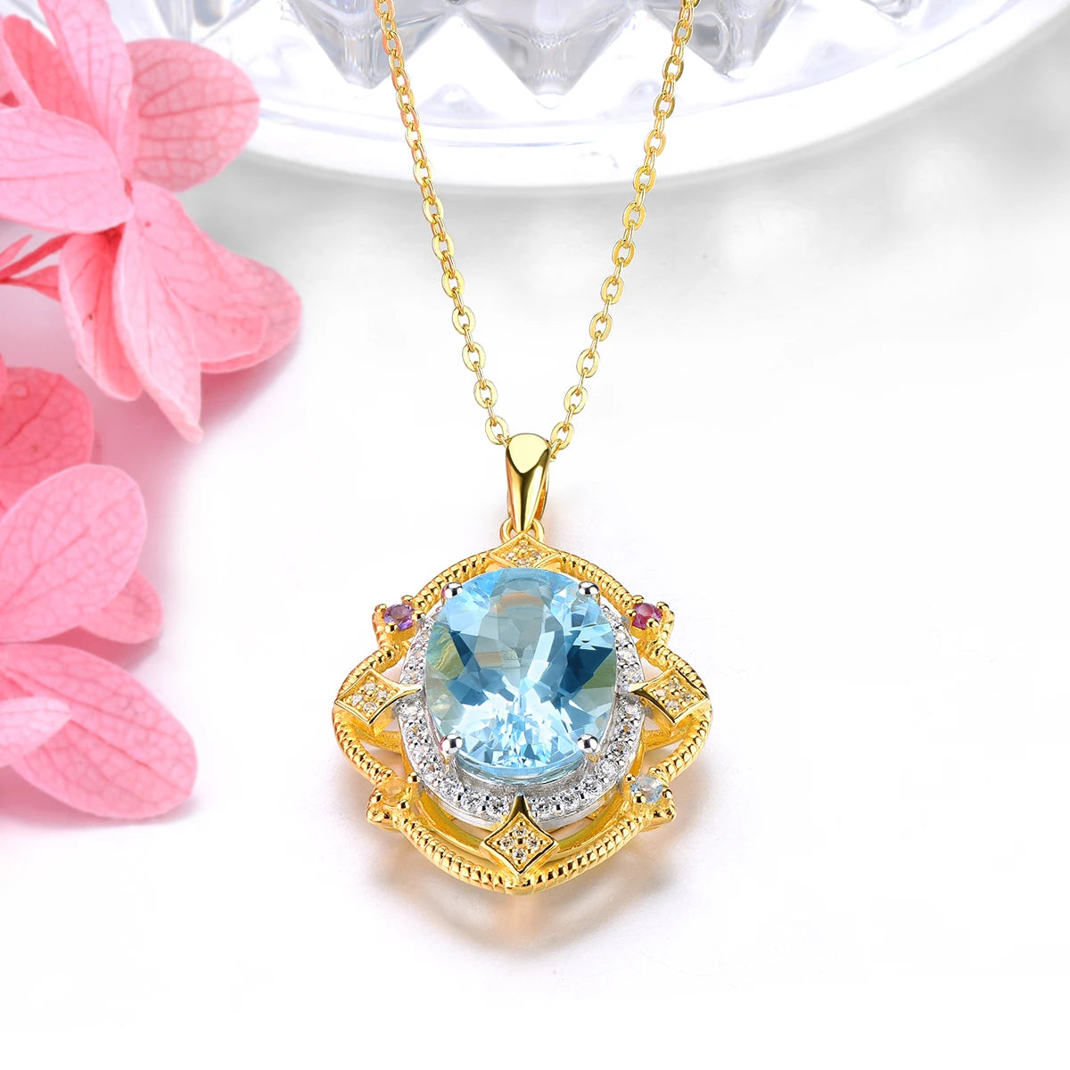 Natural Blue Topaz Silver Yellow Gold Plated Pendant 8 Carats Genuine Sky Blue Gemstone Women Classic Luxury Style Jewelry Gifts