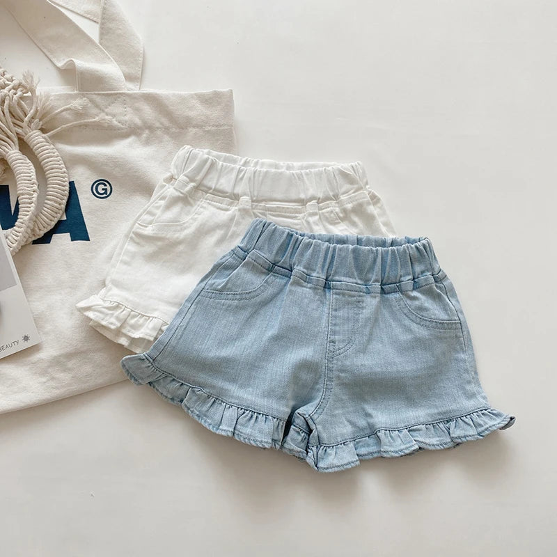 Summer Kids Shorts Solid Brief Denim Girls Ruffle Shorts Children Clothes Teenage Girl Jeans