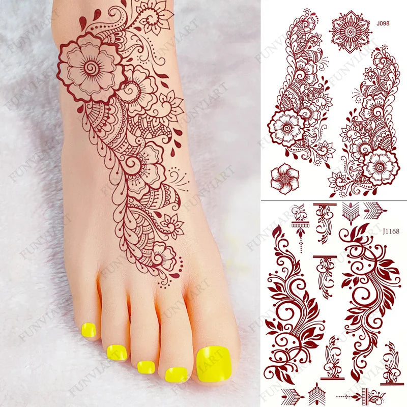 Waterproof Henna Tattoo Brown Henna Stickers for Hand Fake Tattoo for Women Body Art Temporary Hena Design Mehndi Stickers