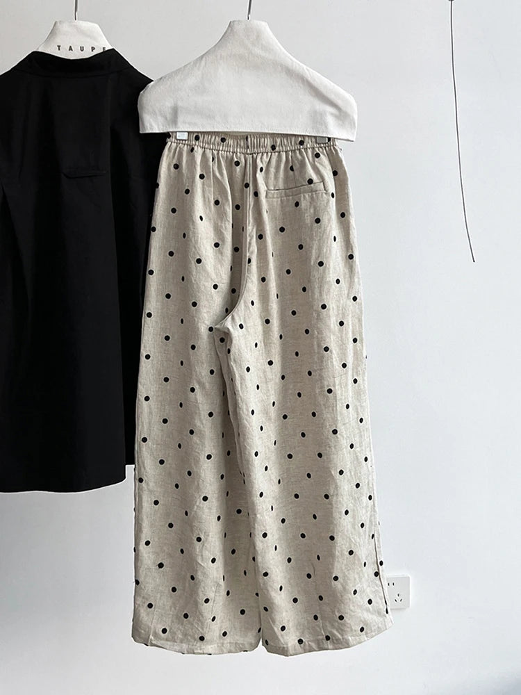 [EAM] High Elastic Waist Linen Dot Embroidery Wide Leg Long Pants New Trousers Women Fashion Tide Spring Autumn 2025 1DJ1548