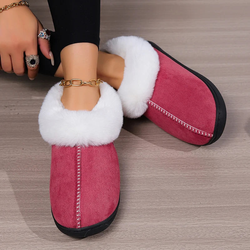 2024 Winter Warm Fur Indoor Home Slippers Women Faux Suede Closed Toe Couple Slippers Woman Comfort Soft Sole House Shoes Slides