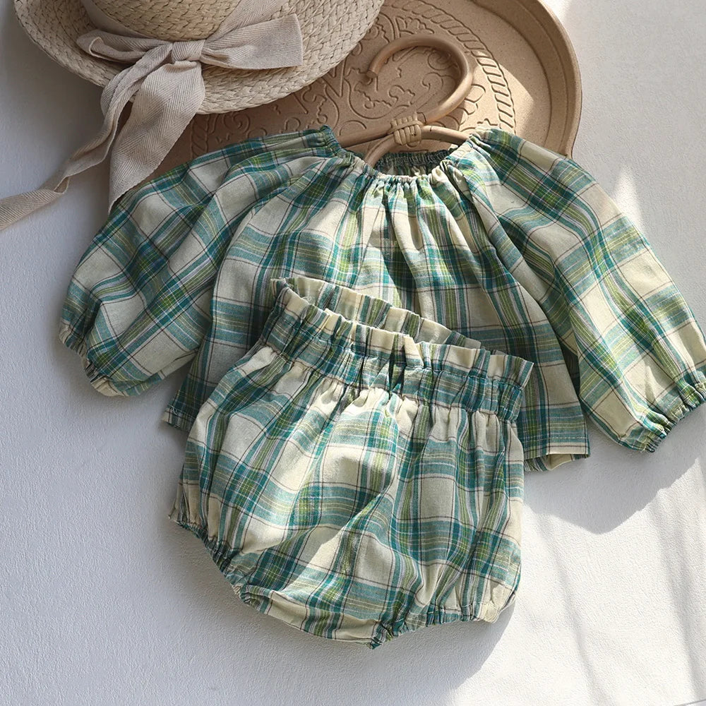 Summer Baby Clothes Set Vintage Style Green Big Plaid Baby Girl Suit Toddler Blouse and Bloomer 2 Pcs