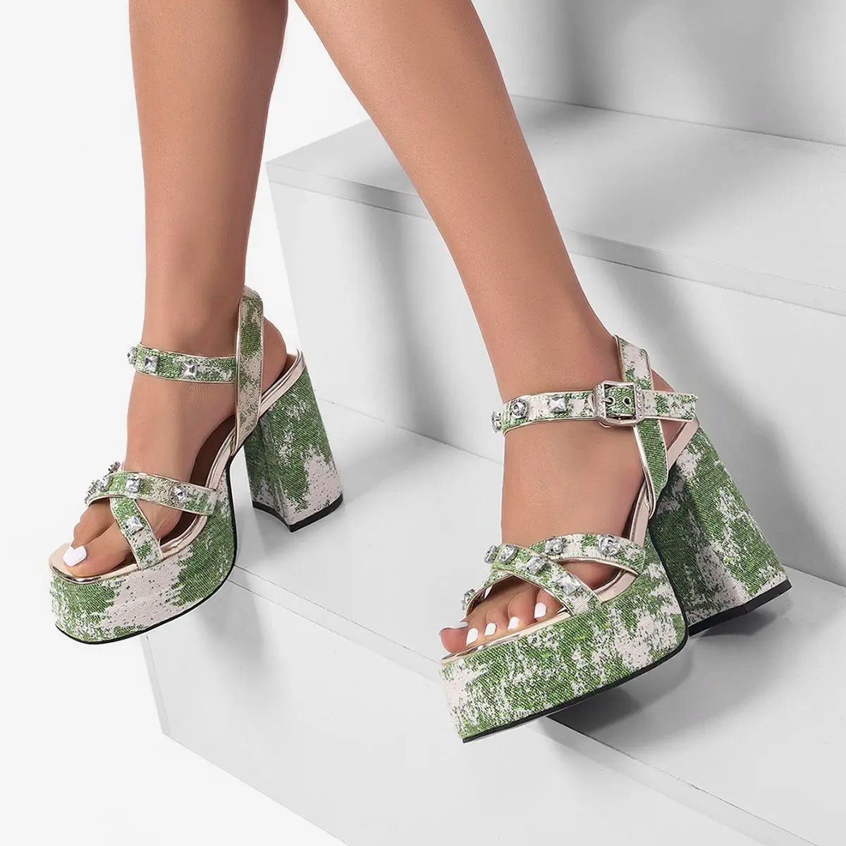 2024 Summer Green Women's Rhinestone Decor Block Y2k Heels Platform Sexy Ankle Strap Sandals Fashion Party Dress Shoes