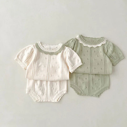 Summer Baby T-shirt Clothing Set Infant Baby Hollow Out Knit Tee and Shorts 2 Pcs Toddler Outfit