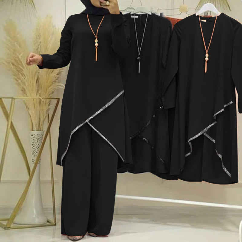 2PCS Women Muslim Sets Fashion Sequins Islamic Clothing Loose Matching Sets Tracksuit Long Sleeve Blouse Abaya Suits