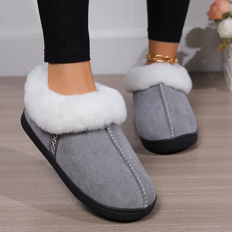 2024 Winter Warm Fur Indoor Home Slippers Women Faux Suede Closed Toe Couple Slippers Woman Comfort Soft Sole House Shoes Slides