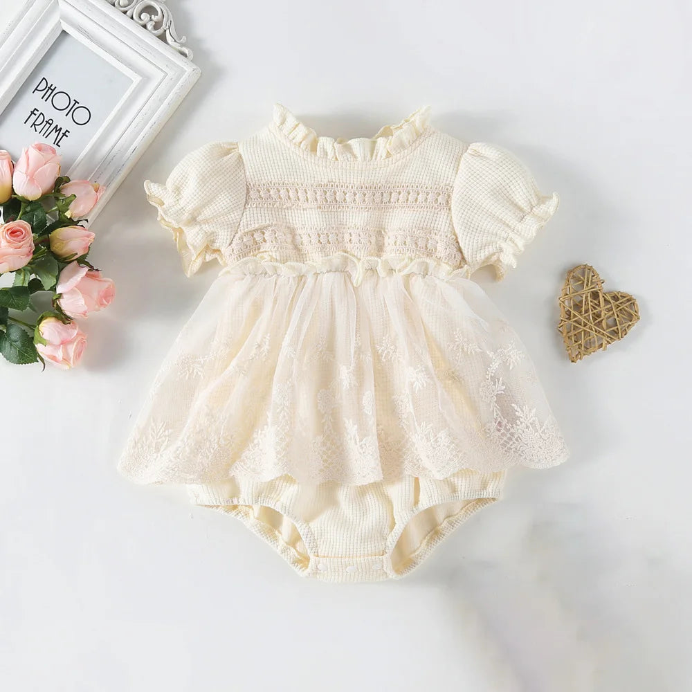 Summer Baby Clothes Infant Waffle Sweet Puff Sleeve Lace Bodysuits Toddler Girls One Piece