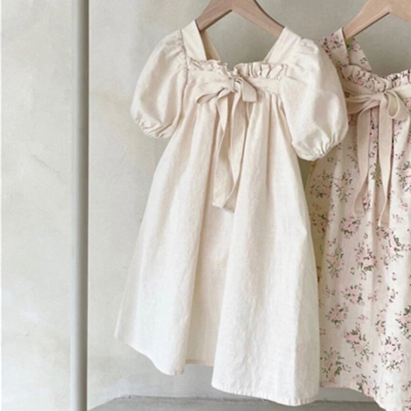 Summer New Girl Dress Sweet Bubble Sleeve Floral Party Dress For Girls Kids Cute Bow Outfit