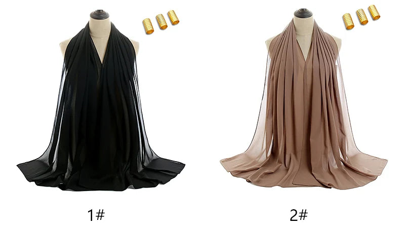 2pcs/set Women Plain Chiffon Hijab with Metal Accessories Thin Soft Muslim Pearl Chiffon Long Shawl Shining Metal Buckles