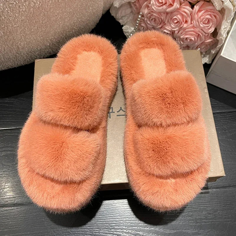 Winter Fluffy Slippers Women 2024 New House Home Fur Slippers For Women Flat Platform Cozy Fuzzy Indoor Shoes Korean Slides