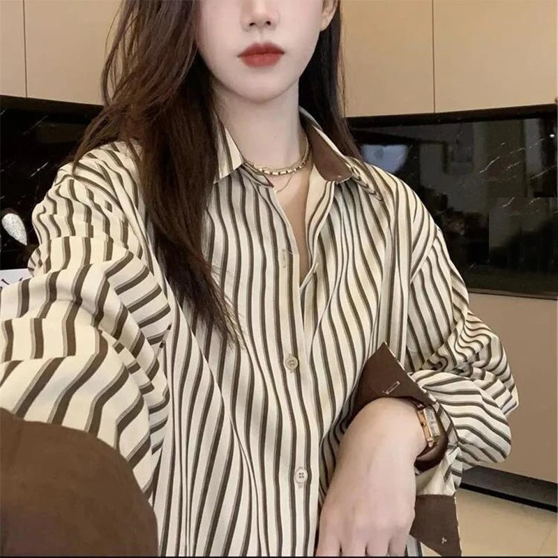 Korean Style Shirts Women Lapel Striped Basic Simple Office Lady Temperament Vintage Popular Daily