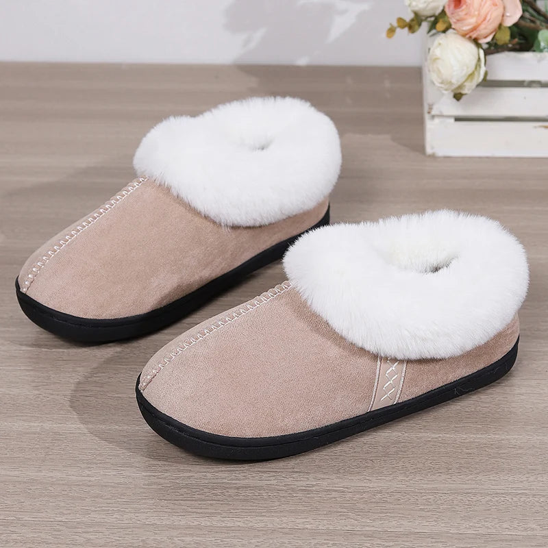 2024 Winter Warm Fur Indoor Home Slippers Women Faux Suede Closed Toe Couple Slippers Woman Comfort Soft Sole House Shoes Slides