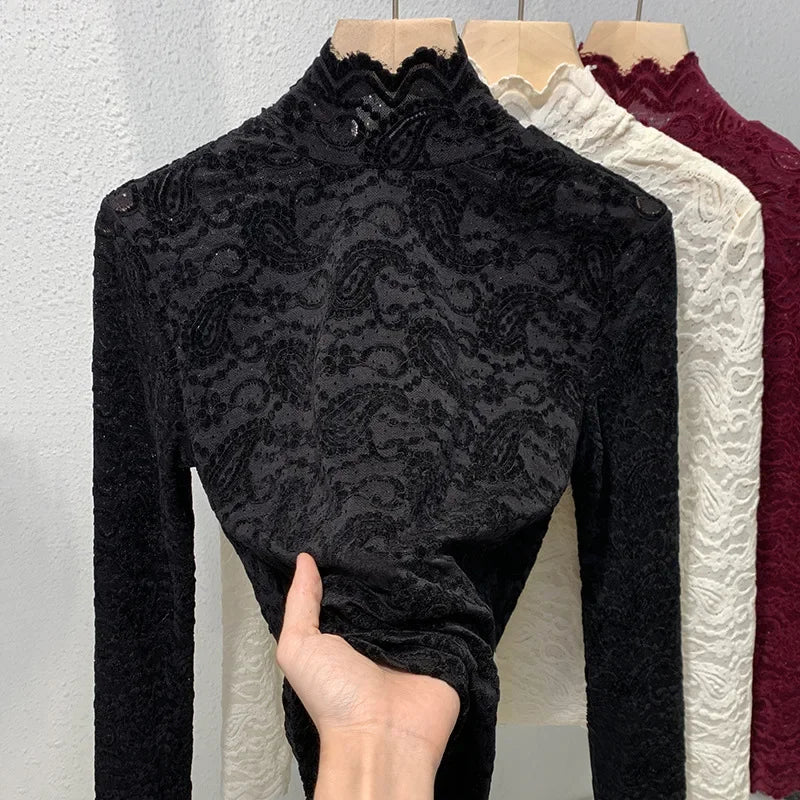 Stand Collar Lace Long Sleeved T-shirt Base Shirt for Women's Autumn and Winter Style French Romantic Mesh Top Elastic Plus Size