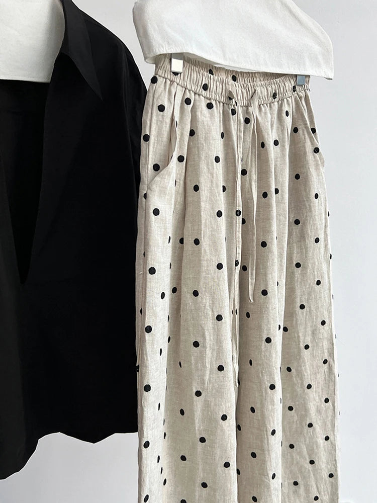 [EAM] High Elastic Waist Linen Dot Embroidery Wide Leg Long Pants New Trousers Women Fashion Tide Spring Autumn 2025 1DJ1548