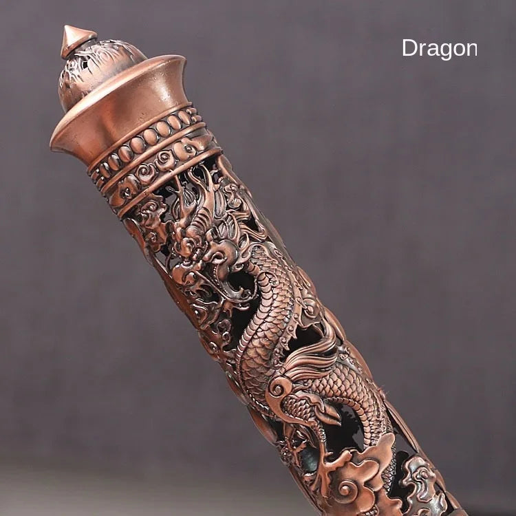 Retro Vertical Incense Burner Buddha Heart Sutra Dragon Phoenix Pillar Metal Incense Stick Home Office Ceremony Decoration