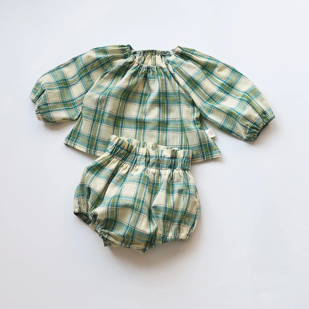 Summer Baby Clothes Set Vintage Style Green Big Plaid Baby Girl Suit Toddler Blouse and Bloomer 2 Pcs