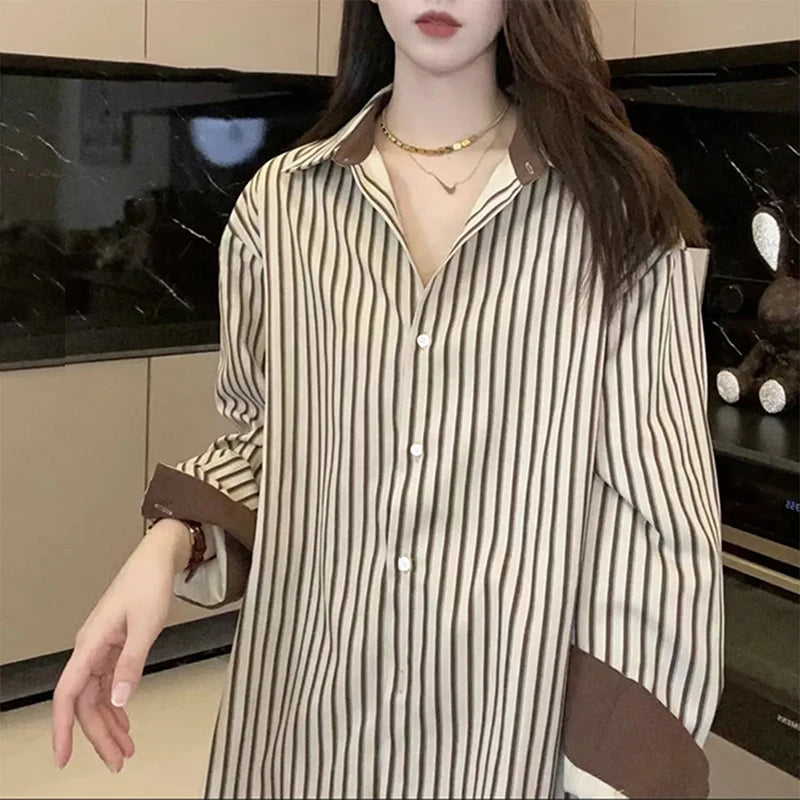 Korean Style Shirts Women Lapel Striped Basic Simple Office Lady Temperament Vintage Popular Daily