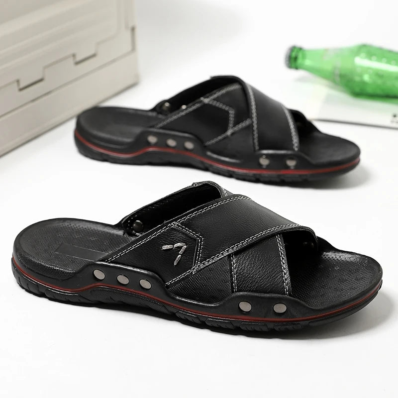 2024 Summer New Sandal Leather Slippers for Men Hotel Beach Shoes High Quality Big Size 48 Slip on Light Flats Male Flip Flops