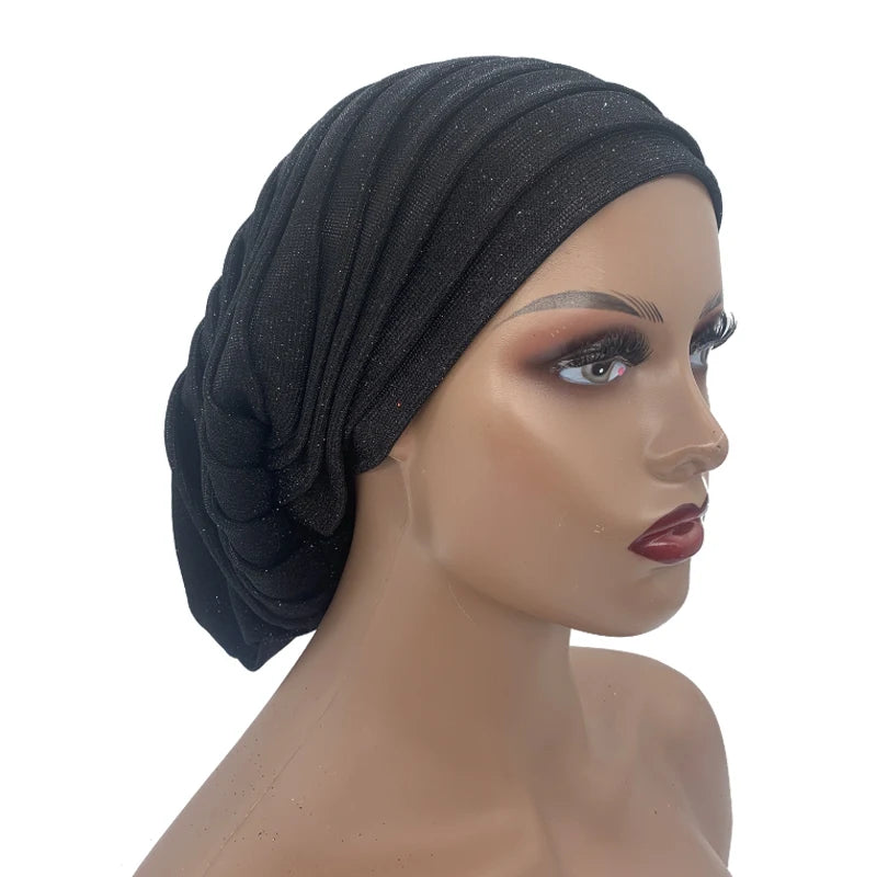 Glitter Full Body Pleated Turban Cap for Women 2023 Lady Head Wraps Muslim Headscarf Hat Turbante Mujer African Headpiece