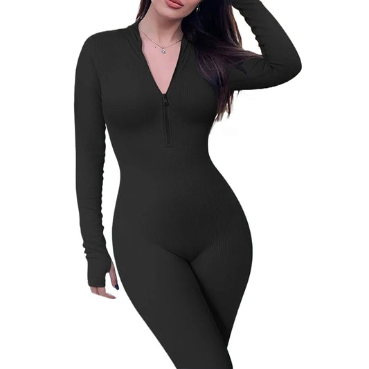 Women's Yoga Jumpsuit Workout Ribbed Long Sleeve Front Zip Athletic Solid Color Bodysuit Jumpsuit